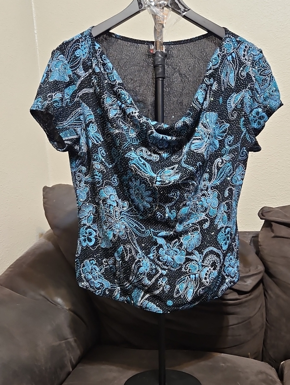 Black & Blue Floral Cowl Neck Women's Blouse